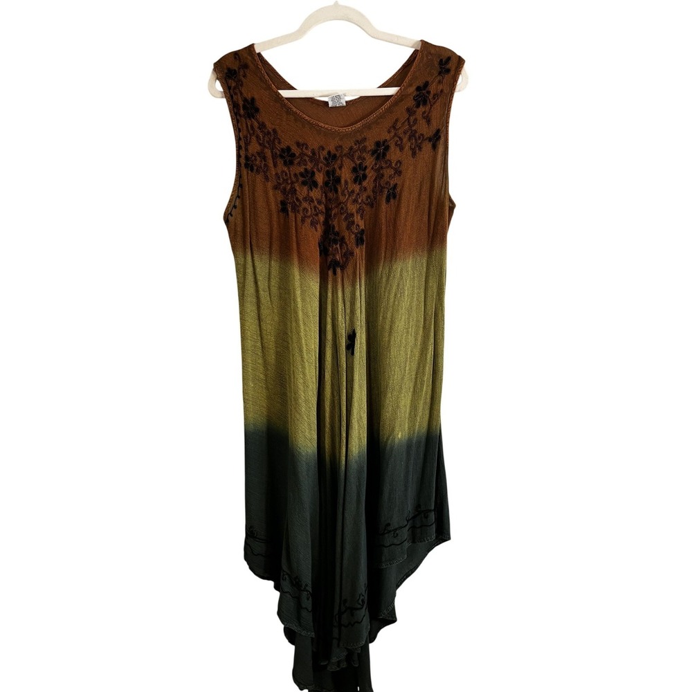 Colorful Tie Dye Floral Embroidered Dress Brown OS Ombre Earthy Boho Indie Folk